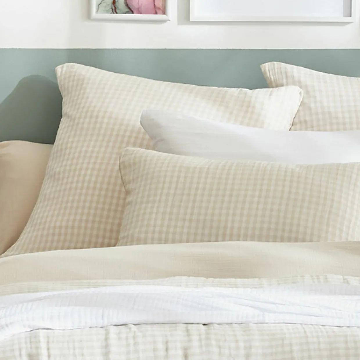 Taie d'oreiller rectangulaire gaze de coton (50 x 70 cm) Gaïa vichy Beige