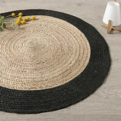 Tapis de salon jute rond (120 cm) Bord Noir