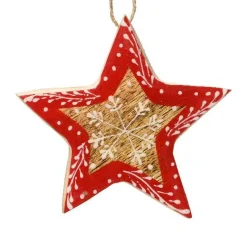 Étoile à suspendre en bois (H8 cm) Flocon de Noël Rouge