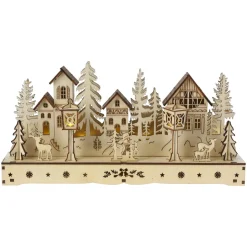 Village de Noël en bois lumineux à piles (29 x H14 cm) Square enchanté Naturel