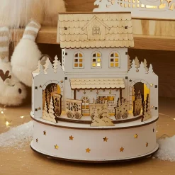 Village de Noël en bois lumineux et musical à piles (H19 cm) Maison de famille