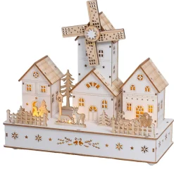 Village de Noël en bois lumineux musical et animé à piles (H26 cm) Moulin et hameau