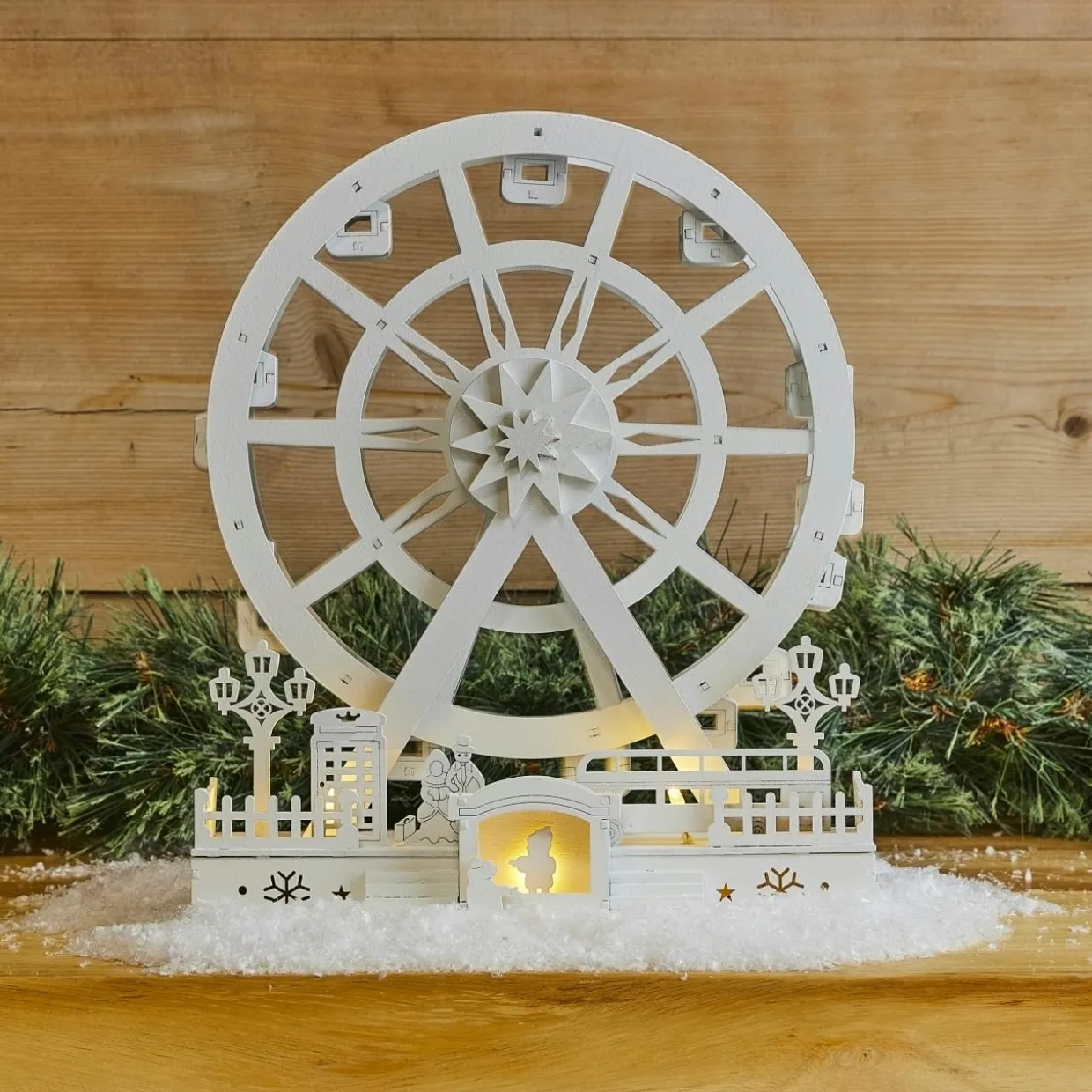 Village de Noël en bois lumineux et animé (H30 cm) Roue Enchantée de Noël