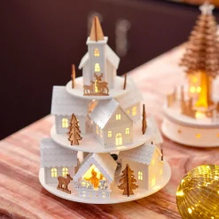 Village de Noël en bois lumineux et musical à piles (H28 cm) Maisons sur colline