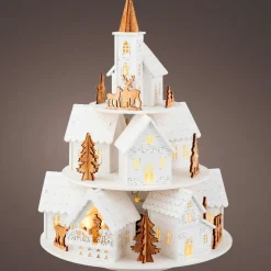 Village de Noël en bois lumineux et musical à piles (H28 cm) Maisons sur colline