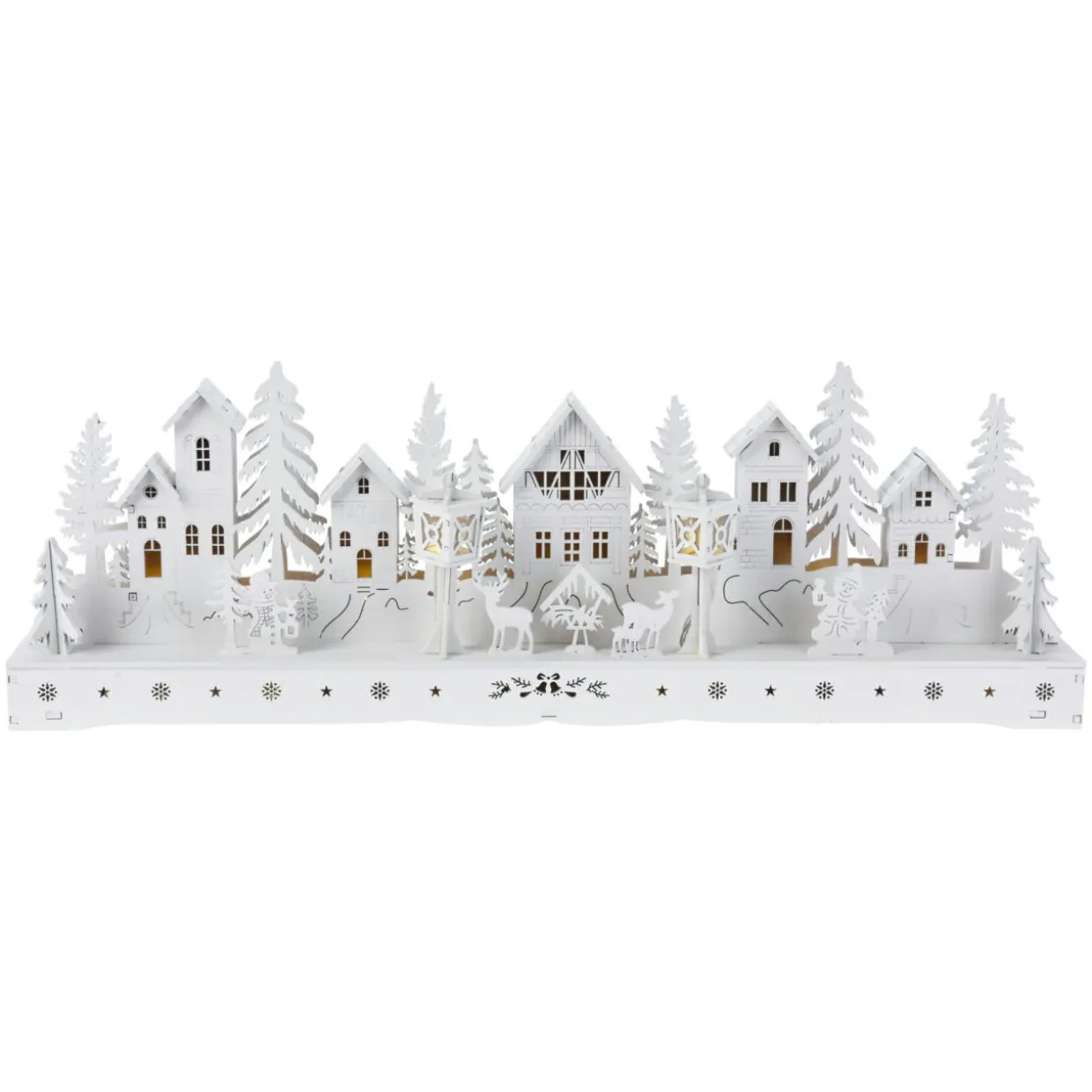 Village de Noël en bois lumineux à piles (45 x H15 cm) Square enchanté Blanc