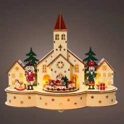 Village de Noël en bois lumineux et musical à piles (30 x H24 cm) Église et casse-noisette