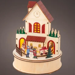 Village de Noël en bois lumineux et musical à piles (H20 cm) Maison joyeuse Colorée