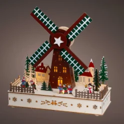 Village de Noël en bois lumineux, animé et musical à piles (H29 cm) Moulin à vent