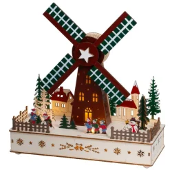 Village de Noël en bois lumineux, animé et musical à piles (H29 cm) Moulin à vent