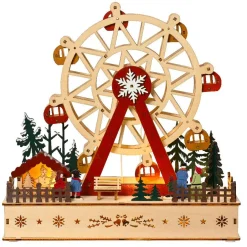 Village de Noël en bois lumineux et musical à piles (28 x H28 cm) Grande roue Colorée