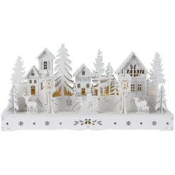 Village de Noël en bois lumineux à piles (29 x H14 cm) Square enchanté Blanc