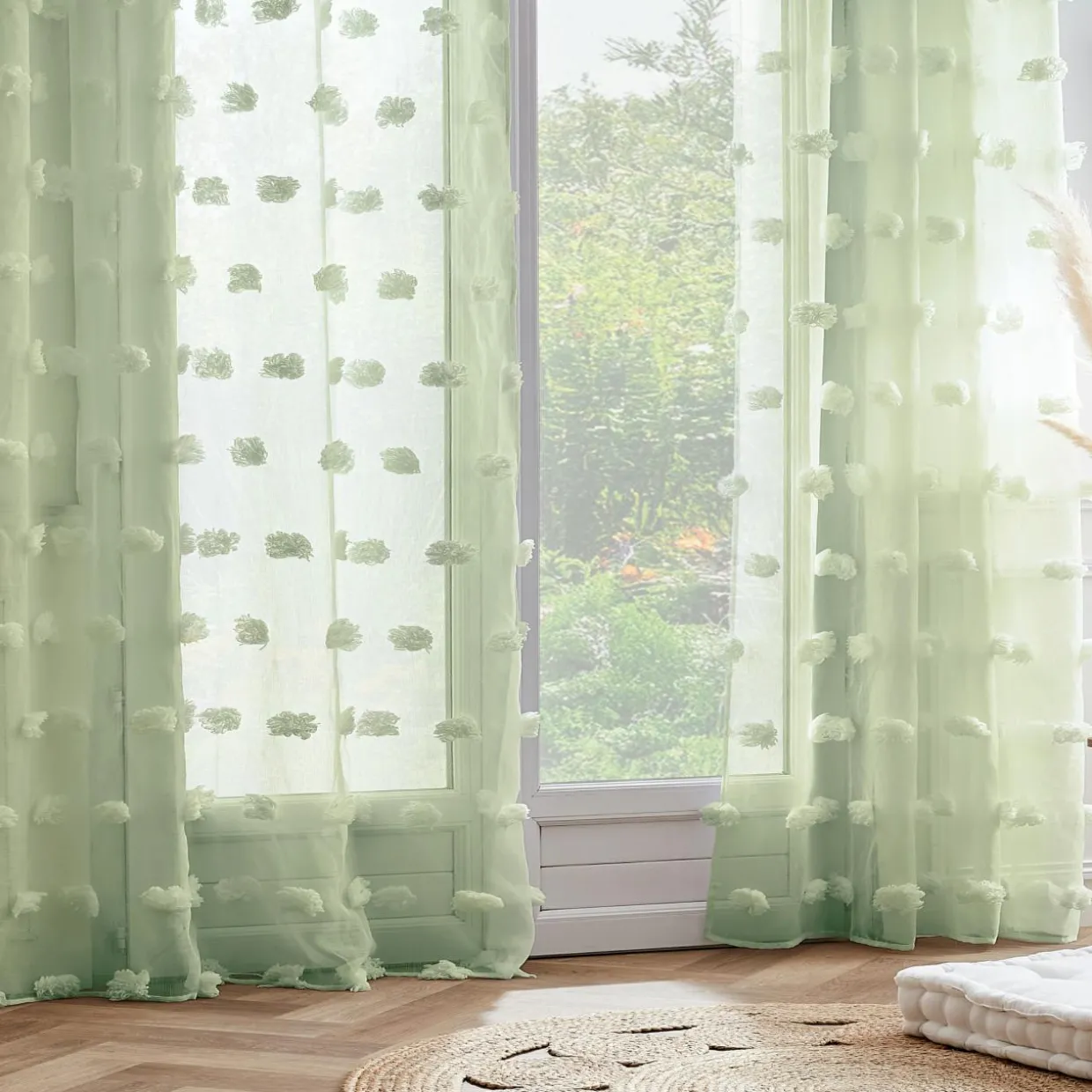 Voilage oeillets pompons (140 x 280 cm) Suzie Vert d'eau